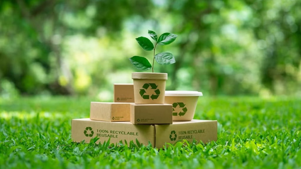 a stack of different types of sustainable packaging products displayed on grass