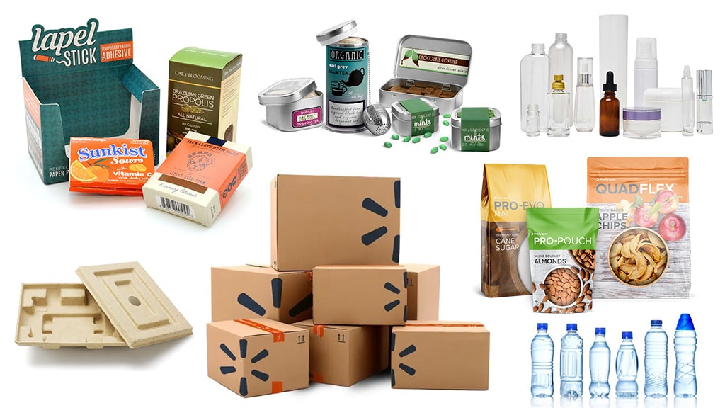 different types of packaging materials laid out on a neutral background, including paperboard, corrugated board, glass, plastic, metal, and eco-innovative materials
