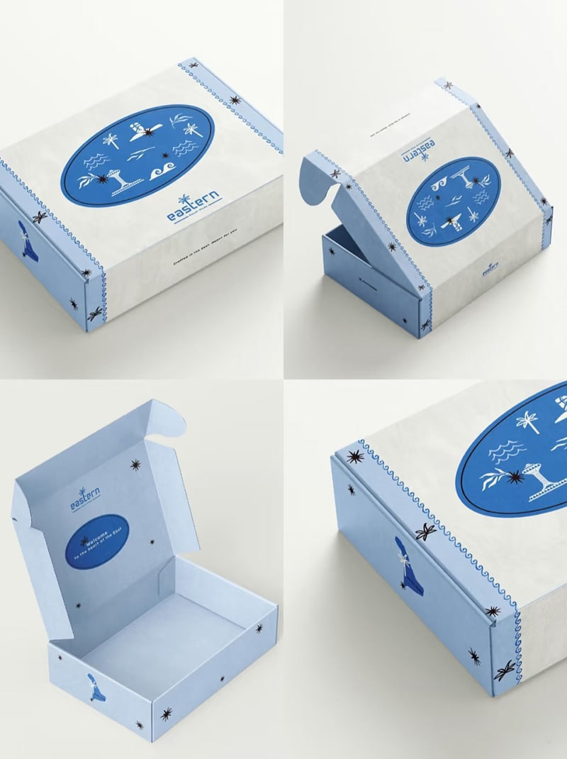 A photo clearly showing the flute effect on a printed E flute mailer box in different angles