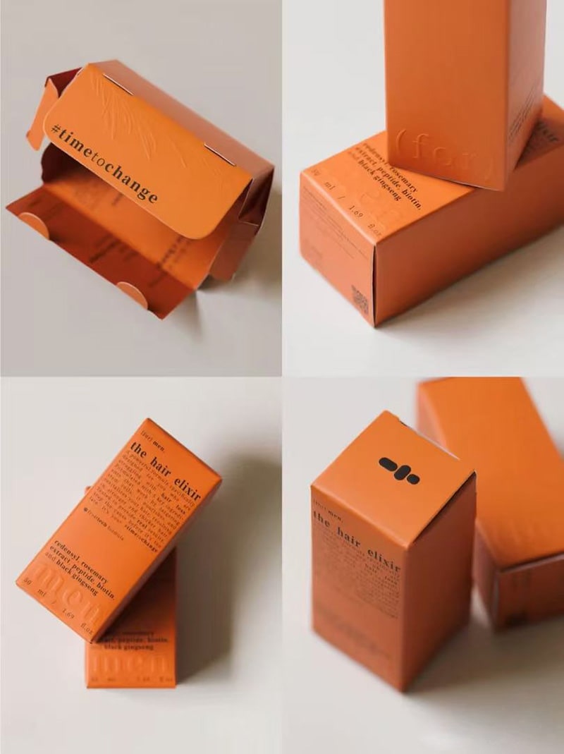 an orange cosmetics box with blind embossing from 4 angles