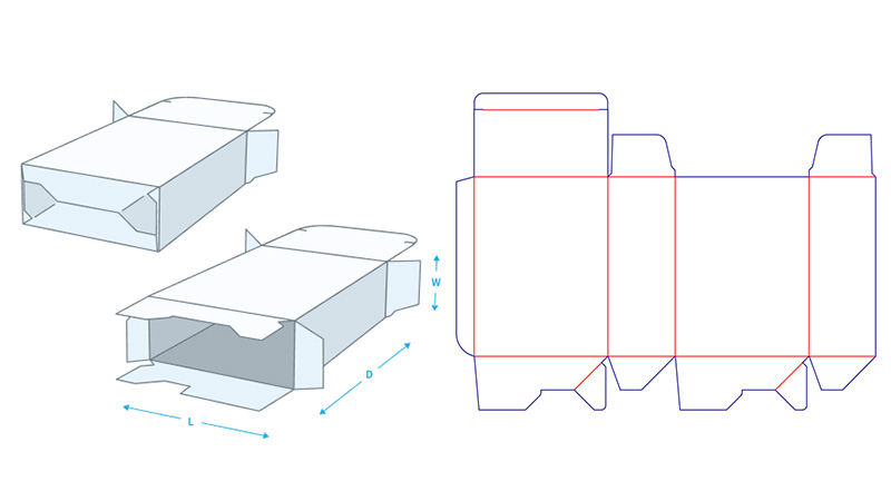 Folding carton sample and dieline showing an auto lock bottom folding carton that pops open for fast assembly.