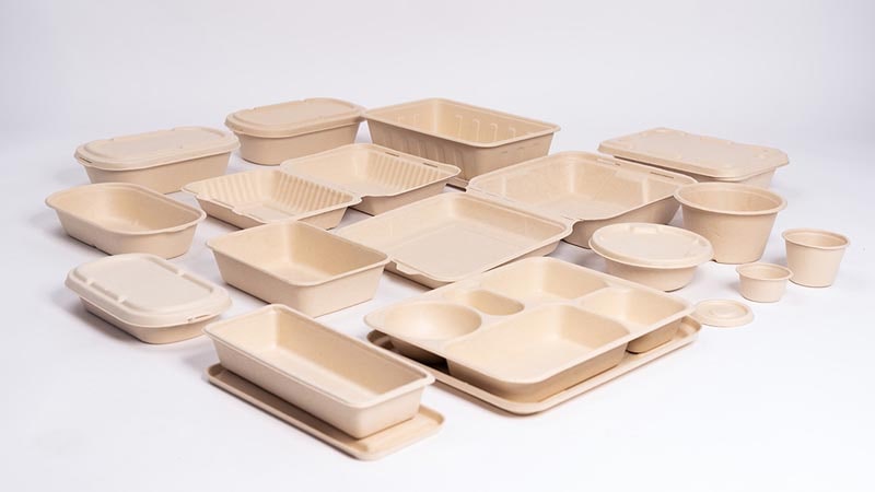 Compostable disposable tableware made from plant-based bio materials as innovative sustainable packaging.