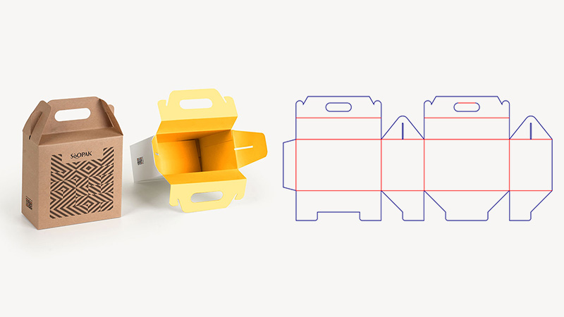 Folding carton sample and dieline showing a gable style handle box design for premium gifting and portable packaging.