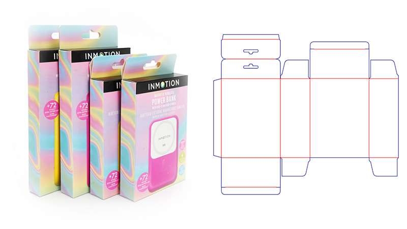 Folding carton sample and dieline showing a hang tab box design for retail peg display and shelf merchandising.