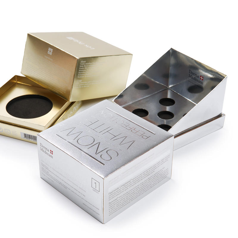 gold and silver metallic paperboard sample boxes for luxury packaging