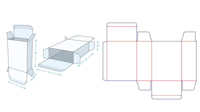 Folding carton sample and dieline showing a reverse tuck end box design used for lightweight consumer products.