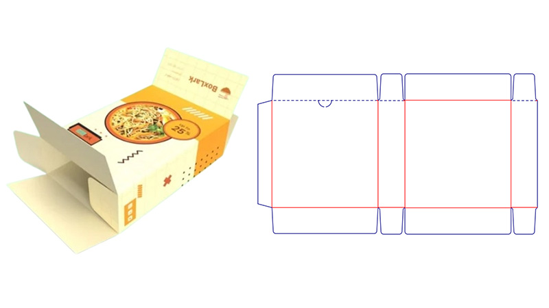 Folding carton sample and dieline showing a seal end carton structure commonly used for food packaging and high speed filling.