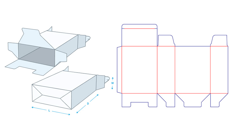 Folding carton sample and dieline showing a snap lock bottom carton style with mechanical locking flaps for heavier items.