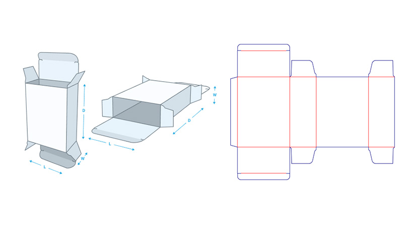 Folding carton sample and dieline showing a straight tuck end box structure for retail packaging.