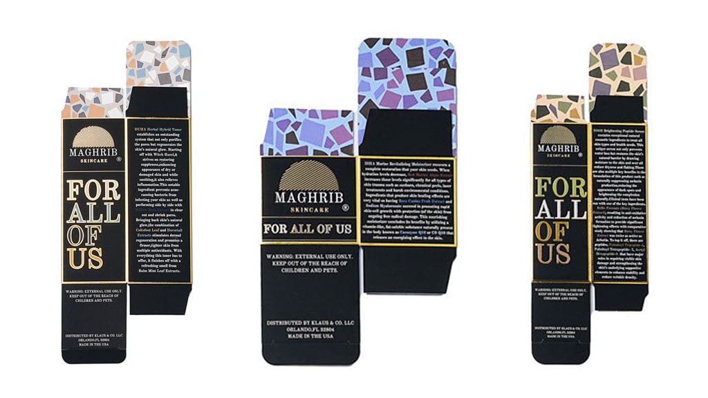 three folded, printed packaging boxes displayed after die cutting and assembly, showing the final result of the die-cutting process.